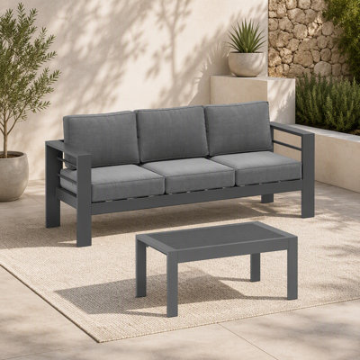 Ensemble de patio d'extérieur 2 pièces, canapé de patio en métal 3 places toutes saisons de 75 po avec coussins gris épais, structure grise et table basse de 43 po