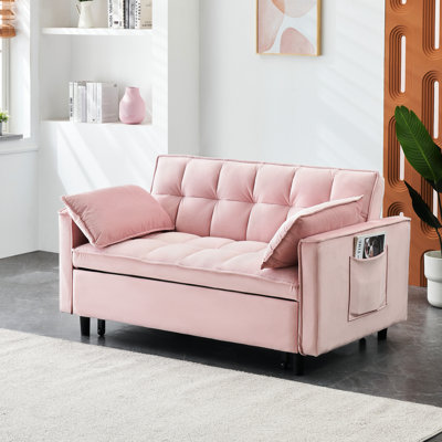 Lit en velours rose 3 en 1 avec support pour le dos et 2 coussins, idéal pour les chambres d'invités