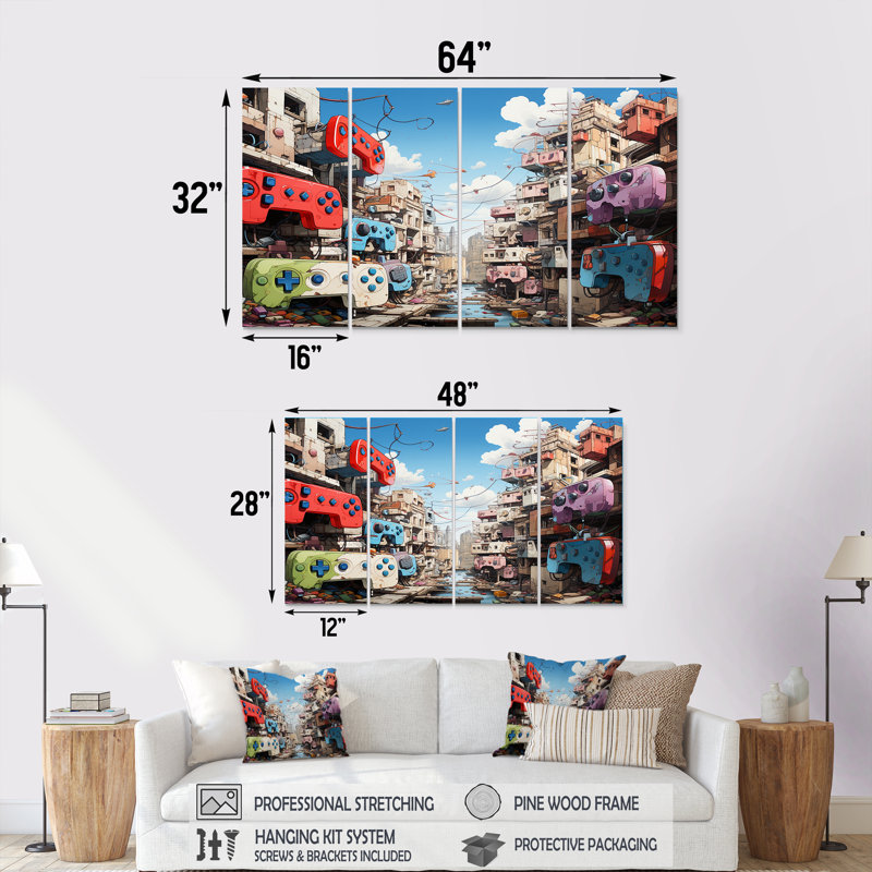 «Pop Gaming Controllers Dreamscape», art mural 4 pièces, H 28 po x l 48 po