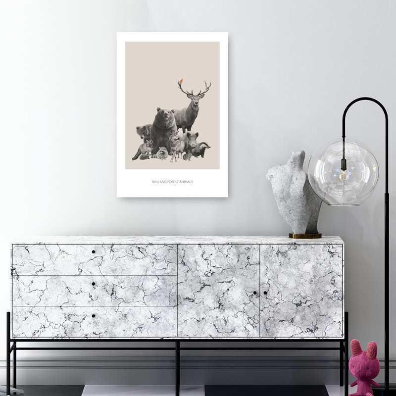 Forest Animal Gathering Abstract Contemporary Bear Deer Fox Forest Landscape Wall Art Print by Sarah Buhler - Wrapped Canvas Print