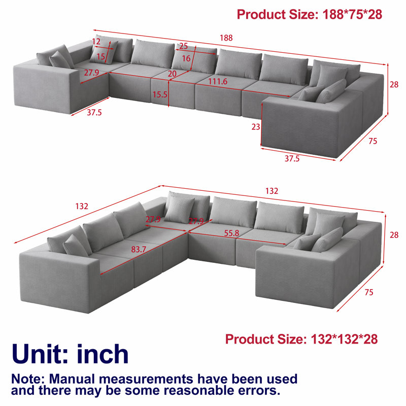 Liran Modular Corduroy Upholstered Boneless Sectional Sofa with Back Cushions, Beige Corduroy