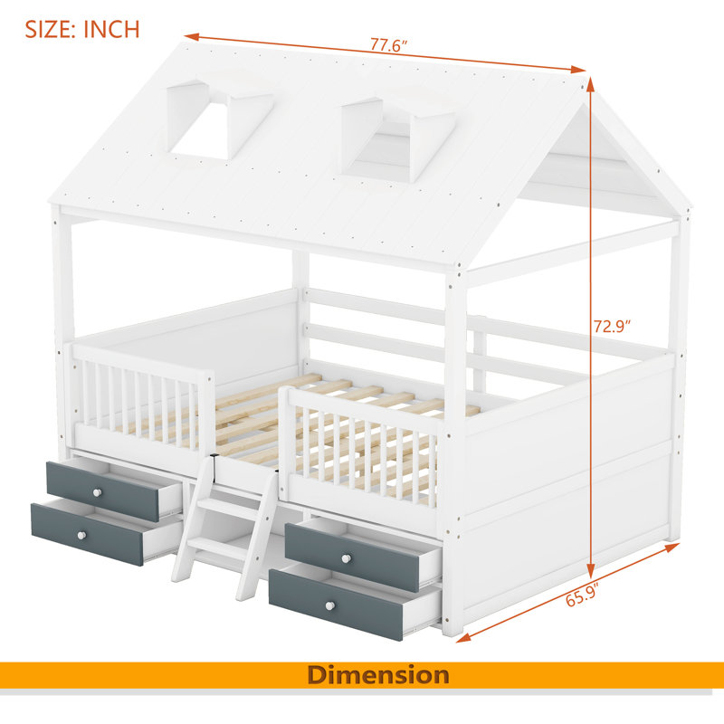 Wood Bed House Bed Frame, Full, White