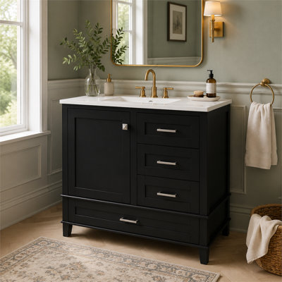 Meuble-lavabo moderne noir de 87 cm de large avec lavabo intégré, structure en bois massif, 1 porte et 3 tiroirs à fermeture amortie pour le rangement de votre salle de bain.