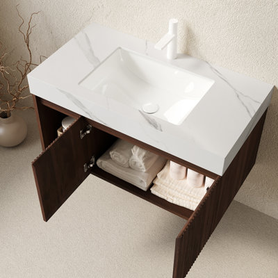 Meuble-lavabo suspendu de 91 cm avec lavabo, dessus en pierre frittée blanche de Carrare et lavabo en céramique, 1 trou pour robinet, aspect bois de noyer (robinet et bonde non inclus)
