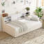 Lit de rangement simple tapissier beige avec tiroirs spacieux, plateforme luxueuse en velours, tête de lit et grands tiroirs pour la literie-1241386371