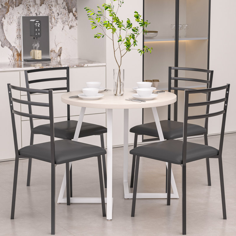 Modern Round Dining Table Set For 4 Dining Room Chair With Metal Legs, Ivory, White