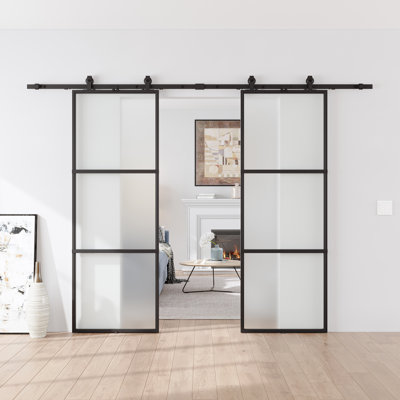 Metal and Glass Sliding Double Barn Door with Installation Hardware Kit (Soft-close Included)