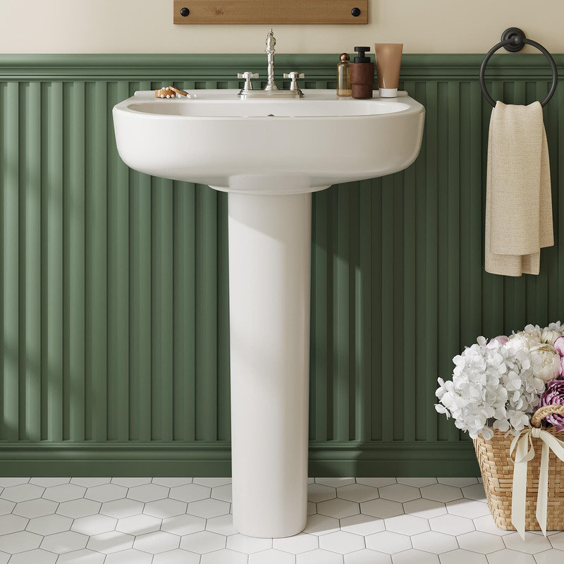 Lavabo de salle de bain blanc rectangulaire à piédestal en céramique avec dosseret, trop-plein et 3 trous de robinet pour un espacement de 8 pouces