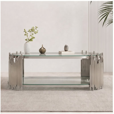 Table basse ovale en verre à 2 niveaux avec base en tuyaux d'orgue