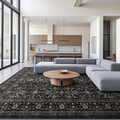 Tapis lavable 274 x 366 cm pour salon, antidérapant, facile à nettoyer, hydrofuge, adapté aux animaux de compagnie, ultra doux pour chambre, parquet, salle à manger, bureau et zones de passage fréquent, noir et gris