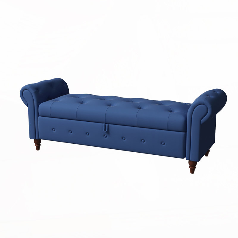 Upholstered 63" Bed Bench , Wooden Legs, Navy Blue