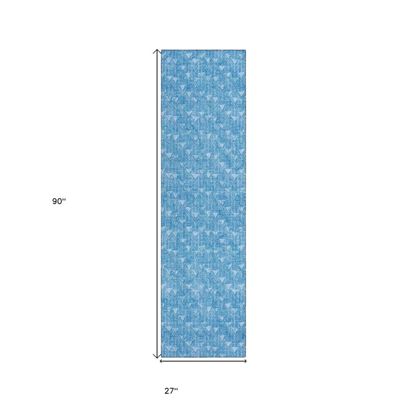 8' Runner Blue Geometric Washable Non Skid Indoor Outdoor Runner Rug