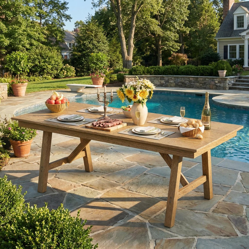 Table de salle à manger d'extérieur pour 4-6, table de salle à manger de jardin en PEHD de 66,9 po de long avec trou pour parasol, structure en aluminium, pieds triangulaires, imperméable, toutes saisons pour la cour, table de billard, table Natural Only