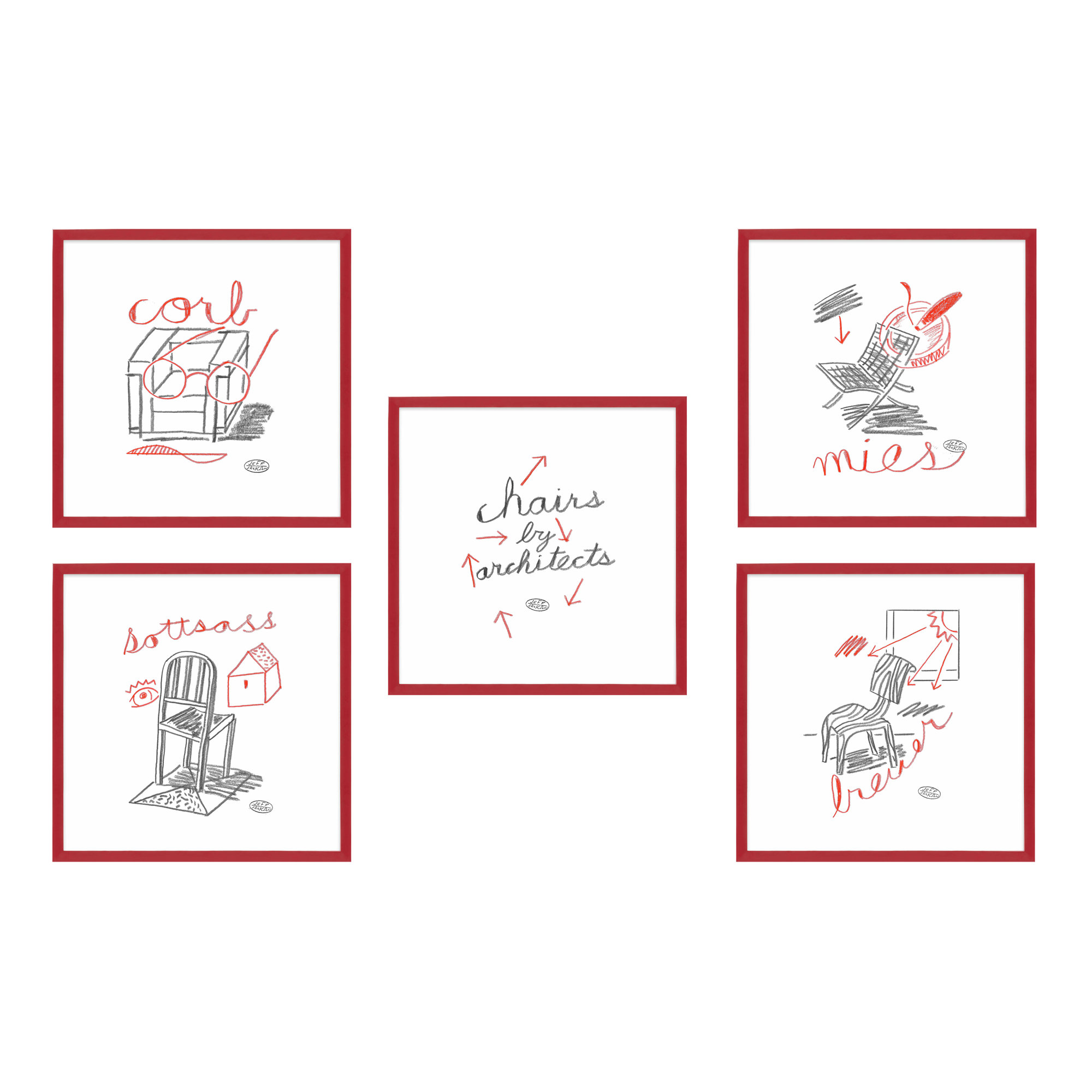 Chairs. Set Of 5 by Jeff Jackson, 30" W x 30" H, Red Single Picture Framed Paper