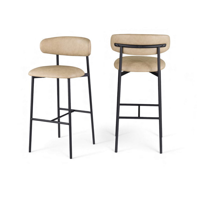 Tabouret de bar rembourré en cuir Lupita, Noir mat, Cuir brun clair végétalien