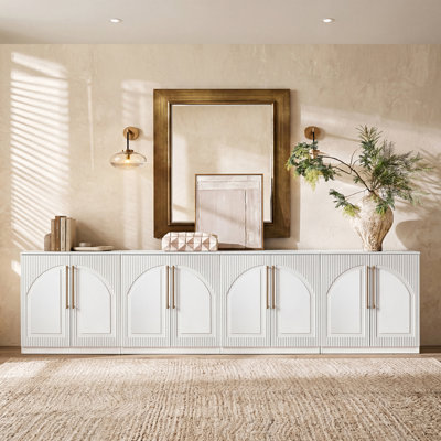 124" Modern 4-Piece Arched Fluted Cabinet Set – White Sideboard & Media Console With Wave Panel Doors, Brass Knurled Handles, White Rubberwood – Living & Dining Room Storage Solution