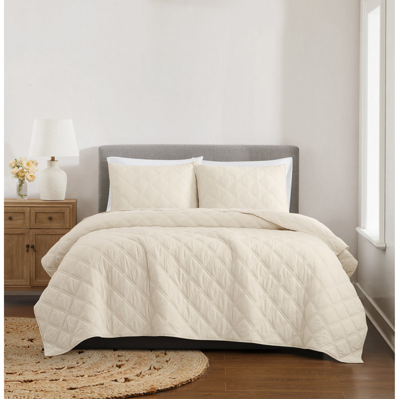 Brooklyn Loom Diamond Washed Cotton Quilt Set, Natural, Queen Quilt  + 2 Shams