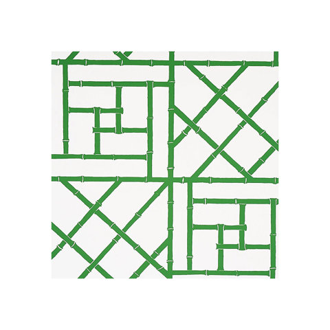 Green and white bamboo patterned wallpaper.