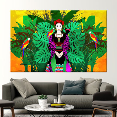 Frida Wall Art, Famous Canvas Gift, Frida Kahlo Artwork, Frida With Parrots Illustraion Printed, Floating Frame,