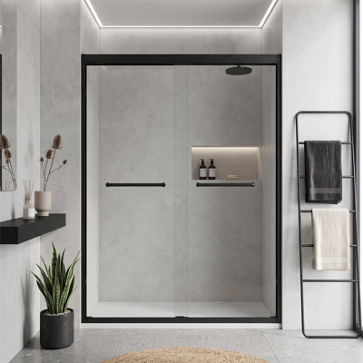 Porte de douche coulissante double encadrée de 137 cm (L) x 183 cm (H) avec film anti-explosion en nickel brossé