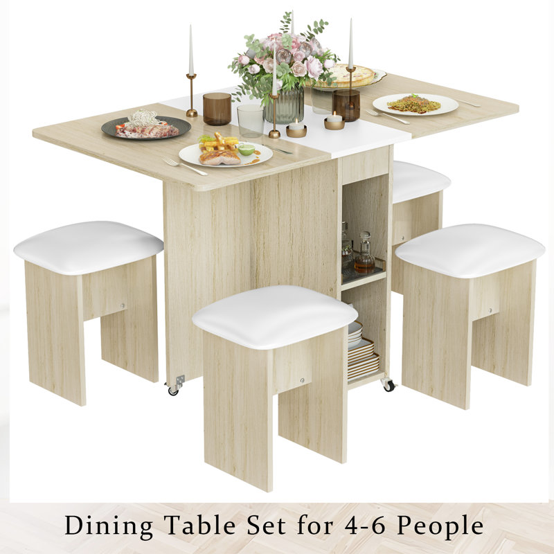 Drop Leaf Dining Table,Folding Dining Table With 6 Wheels And Four Leather Stools,Space Saving Dining Table And Chairs For Dining Room, Kitchen