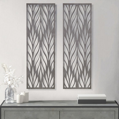 2 décorations murales en bois taillé gris - finition récupérée l 12 po x H 36 po Design botanique complexe 4 crochets pour la chambre à coucher