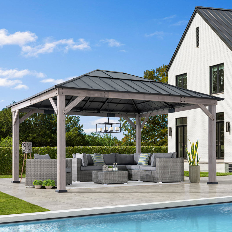 Sunjoy Hardtop Gazebo 13 x 15 ft. Standard Cedar Framed Wood Gazebo, Outdoor Patio Gazebo, Black, Black