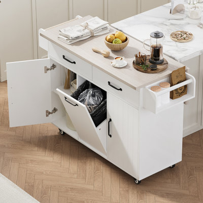 Kitchen Island With Trash Can Storage Cabinet, Kitchen Cart With Drop Leaf, Spice Rack, Towel Rack And Drawer, Rolling Kitchen Island On Wheels With Adjustable Shelf, White