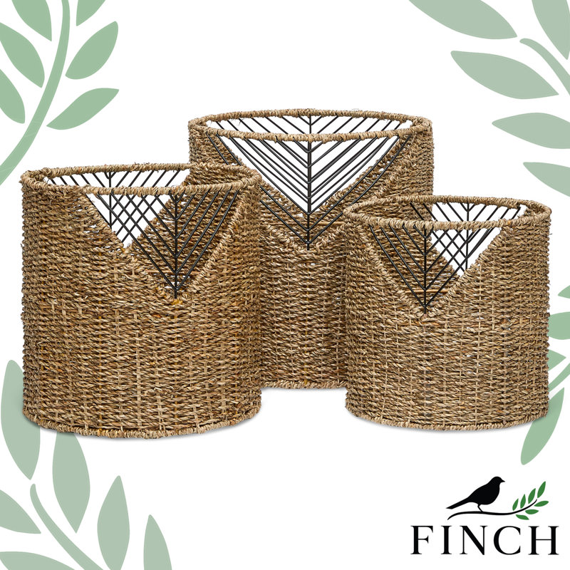 Set of 3 Round Seagrass and Black Metal Storage Baskets