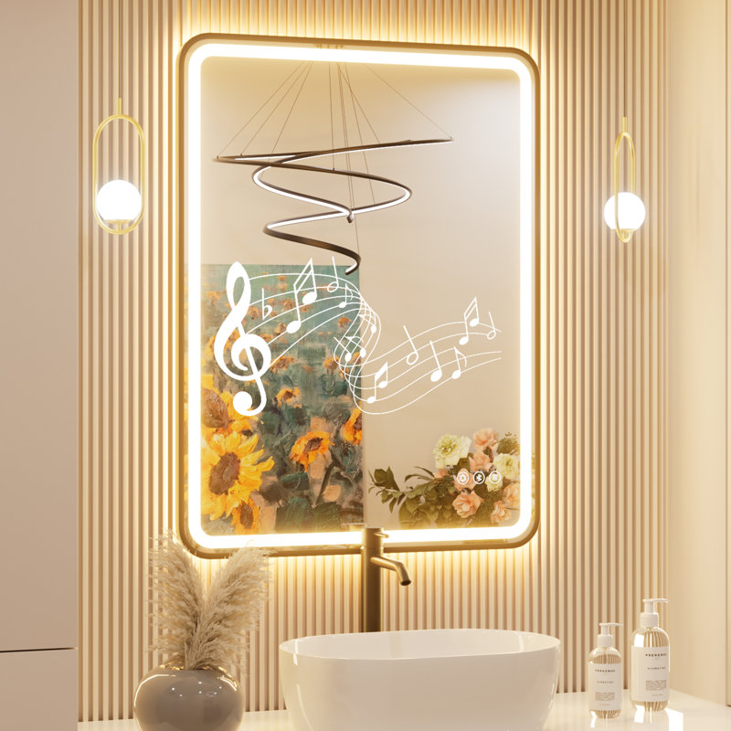 Miroir de salle de bain à DEL Bluetooth, 32 po x 24 po, Noir mat