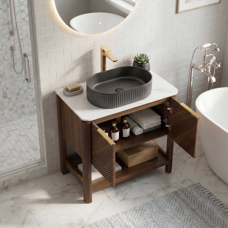 Meuble-lavabo sur pied 36 po en noyer foncé, plateau en pierre frittée et lavabo ovale en céramique rayé noir, 2 portes diagonales rayées avec tablette de rangement ouverte
