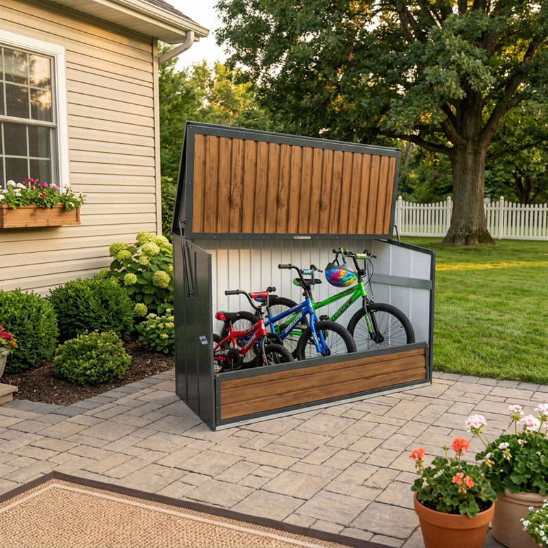 Remise de rangement relevable et porte avant pliable