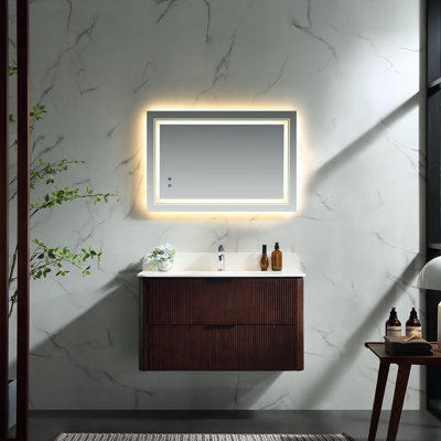 Meuble-lavabo moderne cannelé 36 po avec lavabo en acrylique intégré, tiroirs à fermeture en douceur et armoire flottante murale pré-assemblée