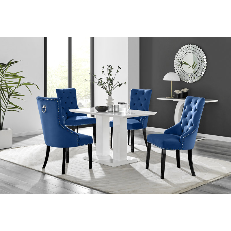 Edzard Modern Double Pedestal High Gloss Dining Table Set with 4 Luxury Velvet Dining Chairs, White, Grey/Silver