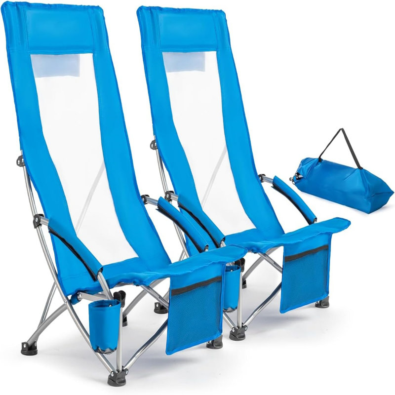 Ensemble de 2 chaises de plage pliables à dossier haut avec sac de transport, Bleu