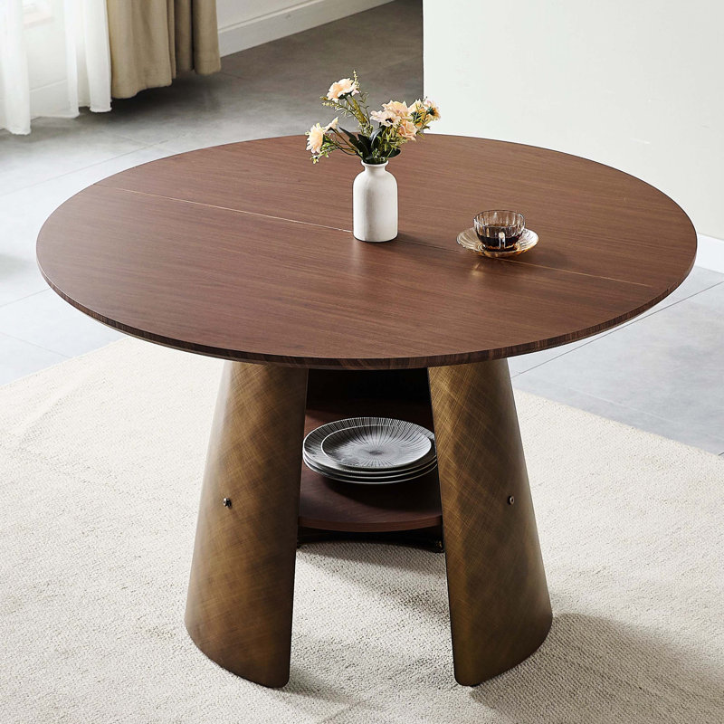 47.25 Inch Retro Brushed Texture Round Dining Table, Walnut Wood MDF Top Bronze Metal Frame For 4-6 People