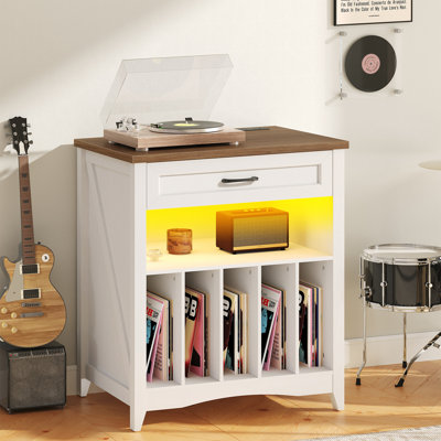 Audio Rack Large Record Player Stand with Charging Station, Vinyl Record Storage Cabinet with Drawer and LED