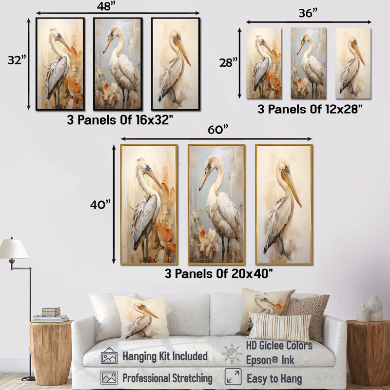 Ensemble de salon 3 pièces Pelican S Tranquil Perch - Pelican Wall Art, Cadre flottant doré, H 28 po x l 36 po