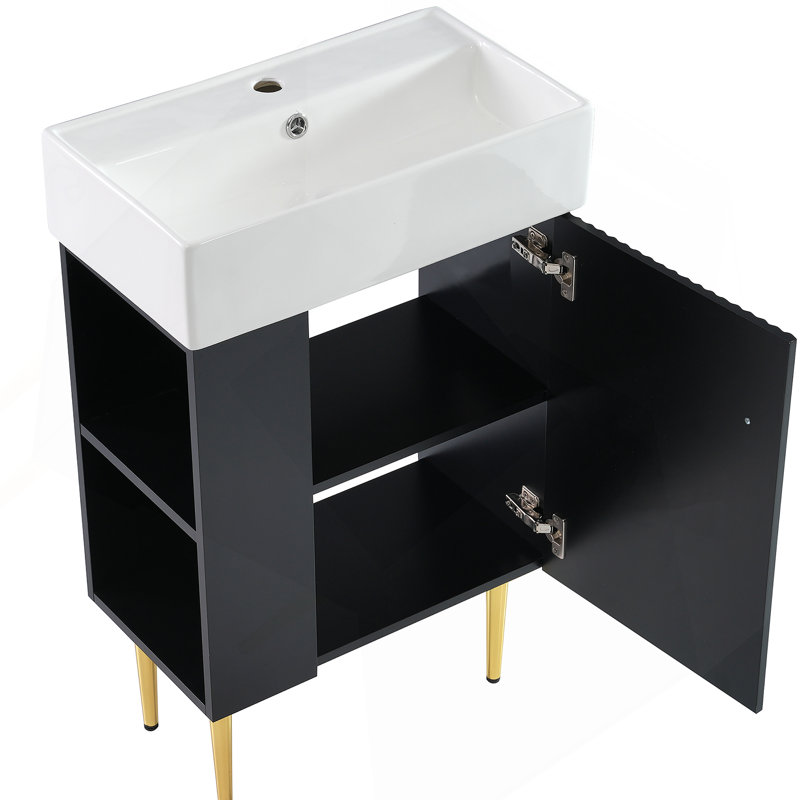 Meuble-lavabo noir 21,6 po, armoire combinée, meuble de rangement pour salle de bain, lavabo simple en céramique, rangement à gauche