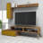 Modern TV Unit with Wall Shelf, Walnut & Yellow, 59.1 x 14.9 x 14.6 inches | 100% Melamine Coated Particle Board, Thickness: 0.7 inches | Multiple Shelves, Wall-Mountable, Stylish Geometric Design for Living Room & Entertainment Spaces-1458523222