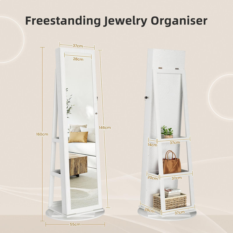 360° Swivel Lockable Jewelry Mirror Cabinet with Storage Shelves, White