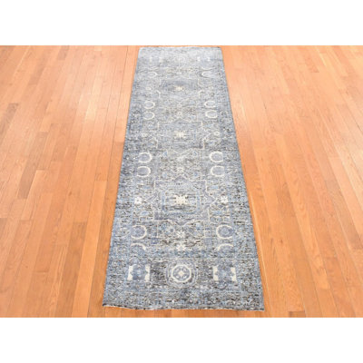 2'7"x8' Powder Blue, Silken Mamluk Design, Washed Out, Hand Knotted, Oriental, Wide Runner Rug