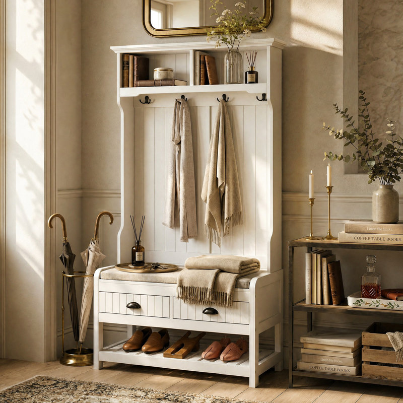 Modern Hall Tree with Bench and Shoe Storage, True White