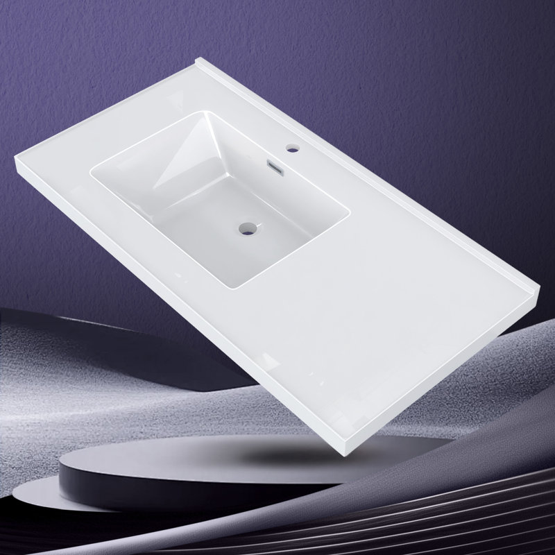 Left Offset 42"  Single Bathroom Vanity Top In White Countertop With Solid Surface Sink Basin