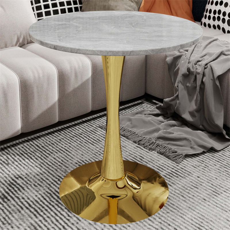 Table basse de 27,6 pouces de style Mid-Century ronde moderne, plateau en faux marbre avec base en piédestal doré, idéale pour les petites réunions et la décoration (table seulement)
