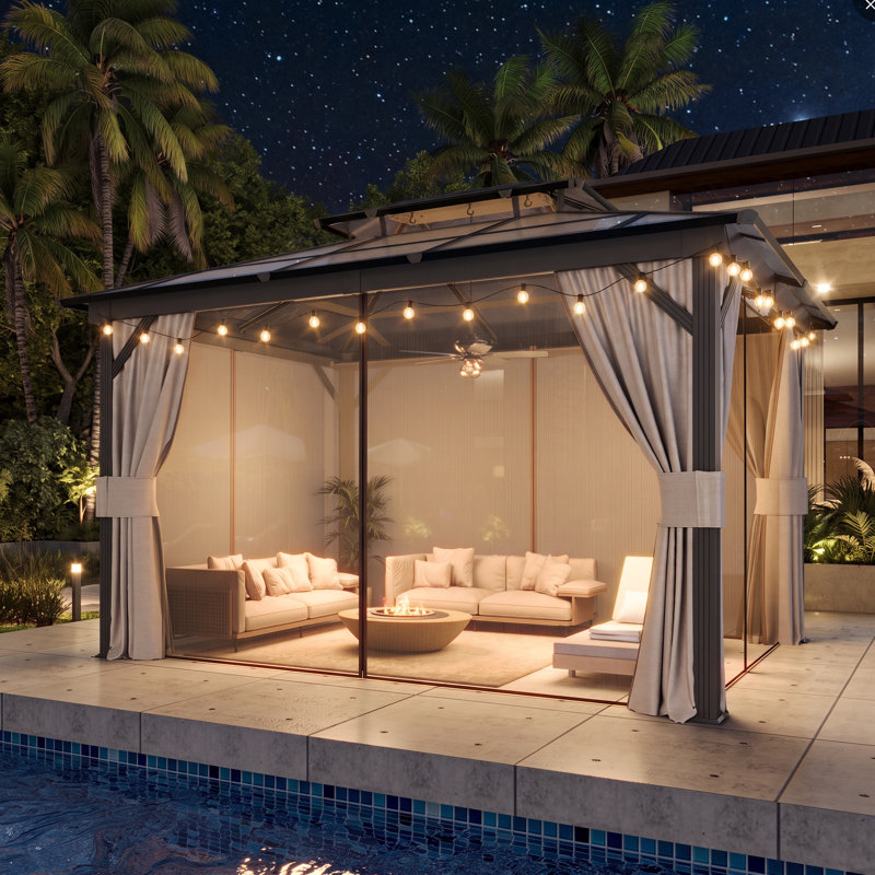 13 Ft. W x 10 Ft. D Hardtop Gazebo with Polycarbonate Double Roof, Aluminum Frame & Curtains for Garden, Lawns, Patio