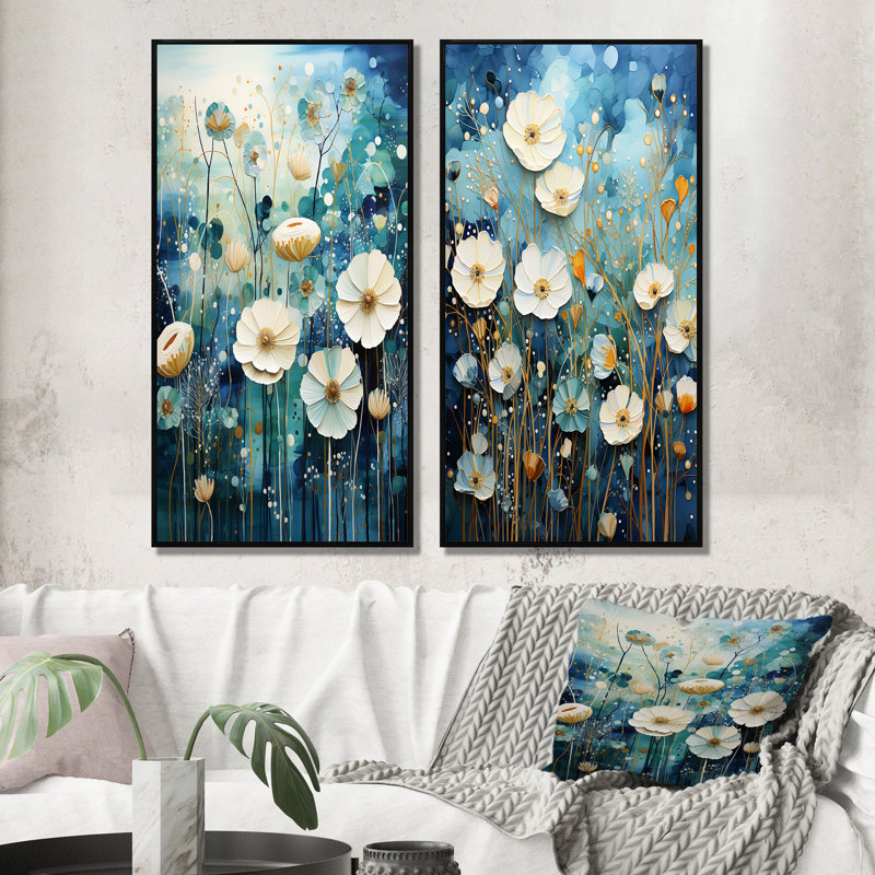 «Blue Tranquil Gardens», 2 pièces sur toile, Cadre noir, H 32 po x l 32 po