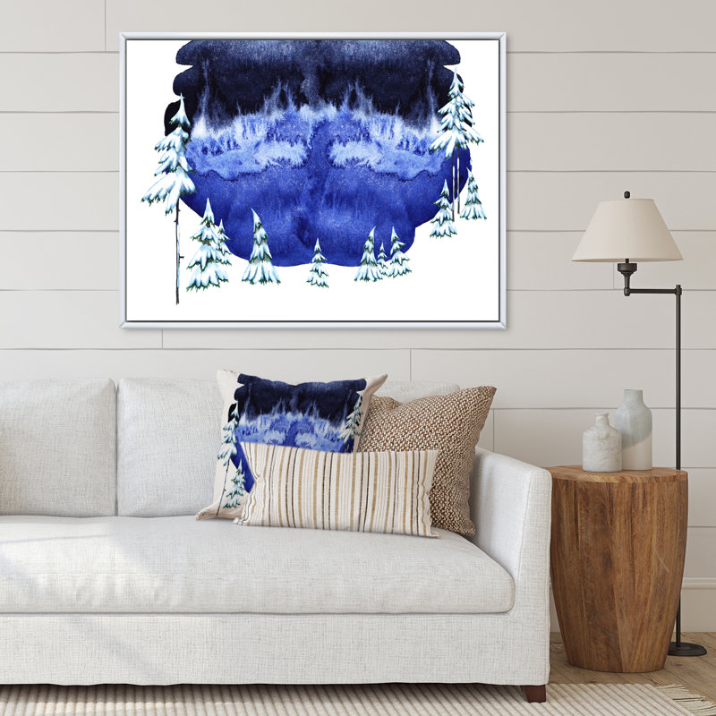Panorama avec sapins recouverts de neige sur un ciel bleu - peinture sur toile, H 12 po x l 20 po, Cadre flottant blanc