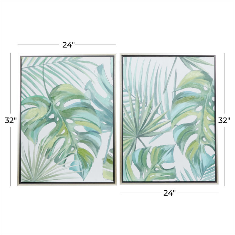 Green Tropical Leaf Framed Canvas Wall Art Set with Silver Frame