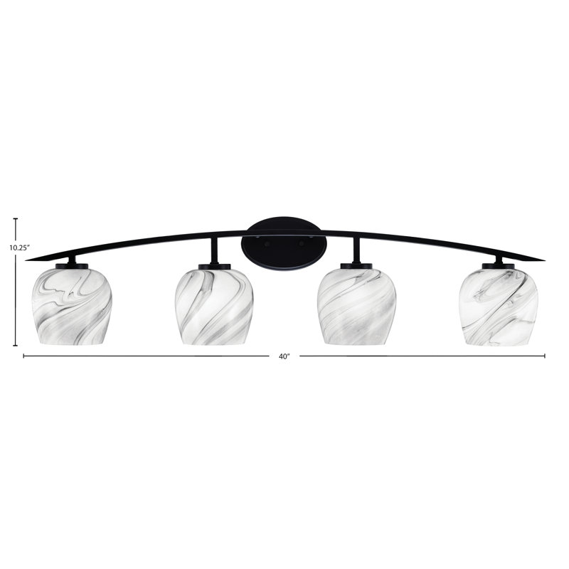 Barre d'éclairage de salle de bain 4 lumières avec verre tourbillon onyx 6 po Kurve, Noir mat